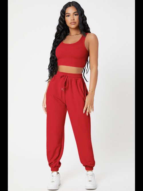Fantezia Night Kadın Kırmızı Kaşkorse Cepli Jogger Eşofman Altı ve Crop Top Bluz