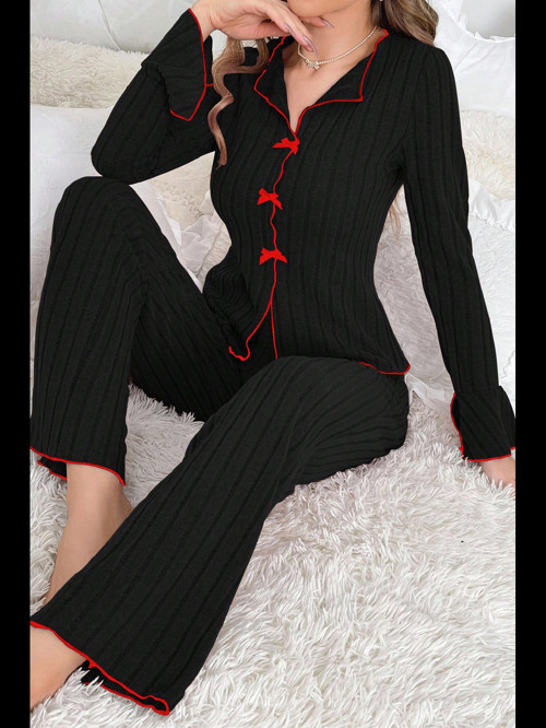 Fantezia Night Kadın Siyah Kırmızı Biyeli ve Fiyonklu Uzun Kollu Mevsimlik Pijama Takımı