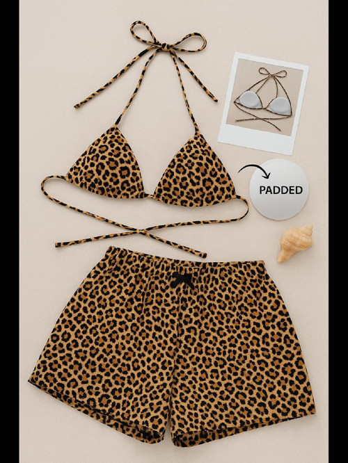 Fantezia Night Kadın Leopar Desenli Şortlu Belden ve Boyundan Bağlamalı Bikini Takımı