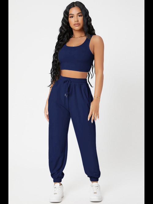 Fantezia Night Kadın Lacivert Kaşkorse Cepli Jogger Eşofman Altı ve Crop Top Bluz