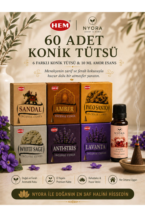 Tütsü 60 Adet Konik Tütsü Sandal Amber Adaçayı Anti Stress Ve Lavanta Koku Serisi Seti Ve Nyora 10 Ml Amour Buhurdanlık Ve Hava Nemlendirici Cihaz Esansı