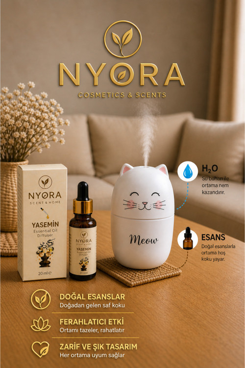 Yasemin Esansiyel Yağ 20 Ml Ve Kedi Difüzör Hava Nemlendirici Aromaterapi Seti
