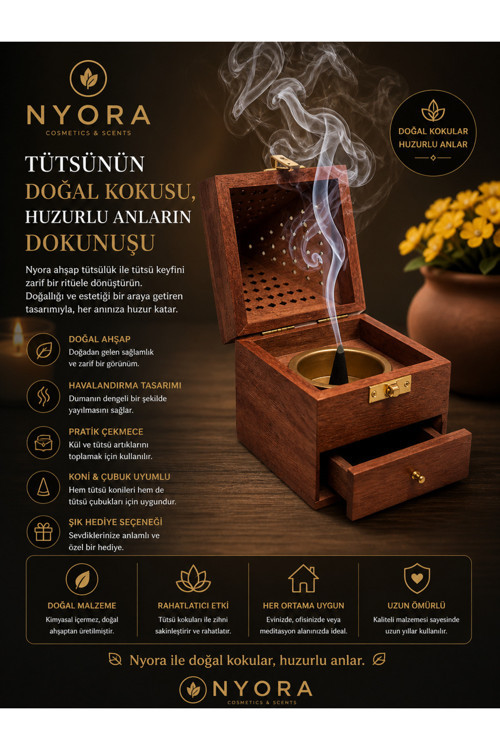 Ahşap Konik Yakma Kutusu Büyük Çekmeceli 2 Adet Konik Tütsü Hediye