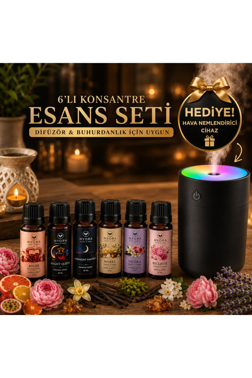 6'Lı Premıum Seri 10 Ml Buhurdanlık Ve Hava Nemledirici Esans Seti Ve Işıklı Hava Nemledirici