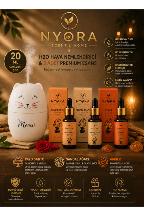 Meow Temalı H2O Hava Nemlendirici Cihaz Sandal Ağacı Palo Santo Amber 20 Ml Damlalıklı Aroma Terapi Esansiyel Yağ Ortam Kokusu Hediye Seti