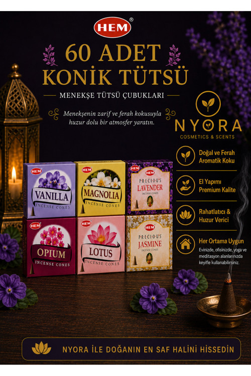 60 Adet Konik Tütsü Vanilya Manolya Lavanta Opium Lotus Yasemin Koku Serisi Seti