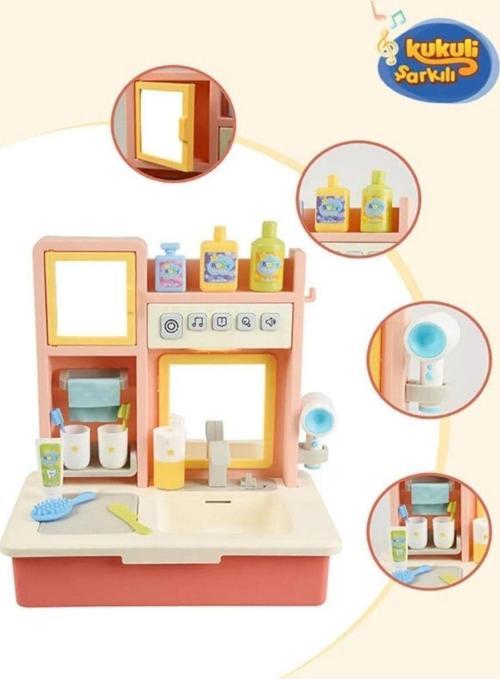 Kukuli Şarkılı Eğitici Modern Banyo Seti Oyuncak Pembe Banyo