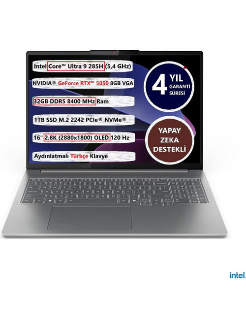 Ideapad Pro 5 16IAH10 Intel Ultra 9-285H 32GB 1tb SSD 16" OLED 8GB NVIDIA RTX5050 83JM004WTR Freedos Taşınabilir Bilgisayar - 1 TB - 32 GB