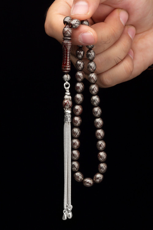 Erkek Gümüş Püksül 8x10mm Beyzi Kesim Yoğun Gümüş İşlemeli Kuka Tesbih