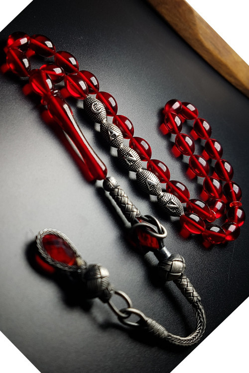 Gümüş Kazaz Püsküllü Gümüş Harfli 7x11mm Kırmızı Ateş Kehribar Tesbih