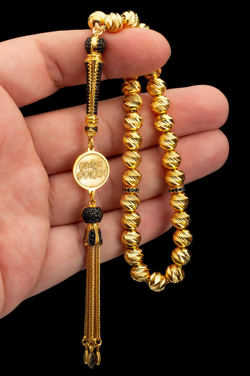 Sertifikalı 24K Altın Kaplama Gümüş Tespih 7,5mm 32Gr Küre Kesim, İsimli Tesbih