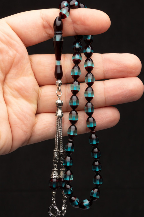Erkek 7x11mm Bordo Su Yeşili Sürmeli Toz Kehribar Tesbih