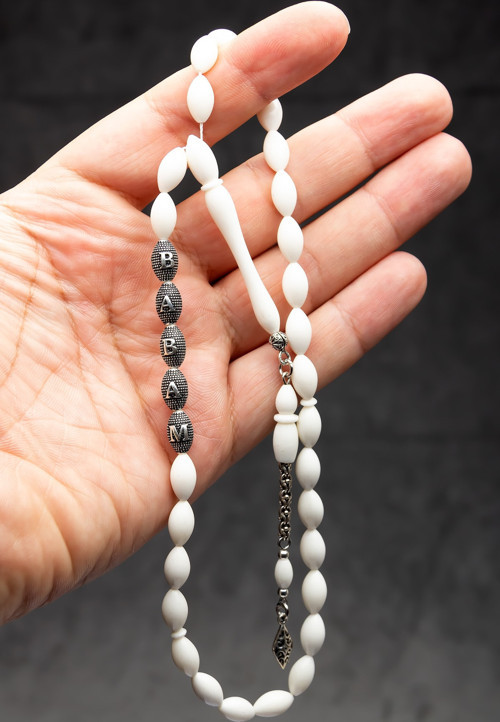 Babalara Özel Gümüş Aksesuarlı 7x11mm Deve Kemiği Tesbih Ahşap Kutulu