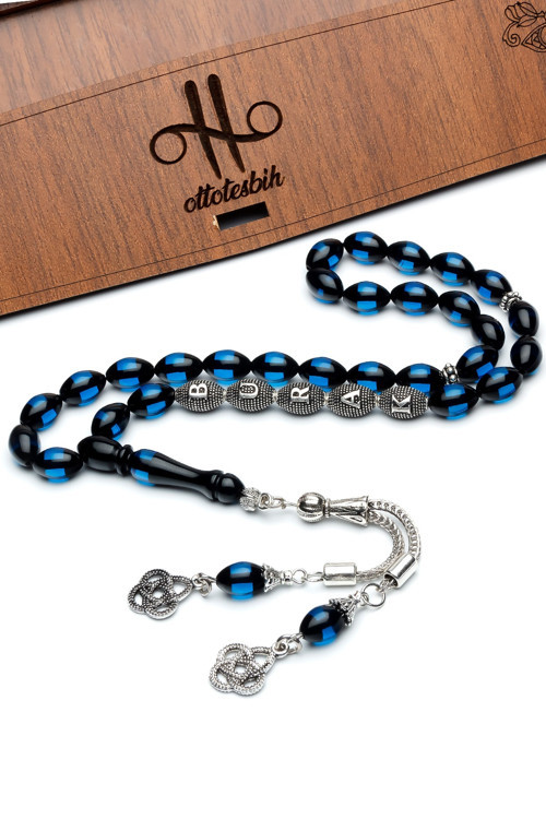 Erkek Hediyelik Gümüş Harfli 7x11mm Gece Mavisi Sürmeli Kehribar Tesbih