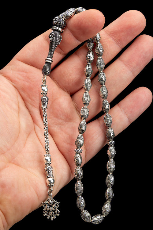 Sertifikalı Osmanlı Tasarım 6.5x10.5mm 41Gr Gümüş Tesbih
