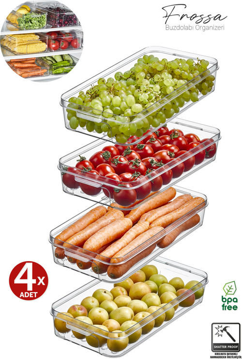 4x Adet Frossa Buzdolabı Organizeri 2lt Saklama Kabı & Erzak Kabı & Düzenleyici
