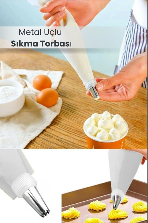 Pratik Metal Uçlu Krema Sıkma Torbası - 9 Adet Şekilli Uçlu