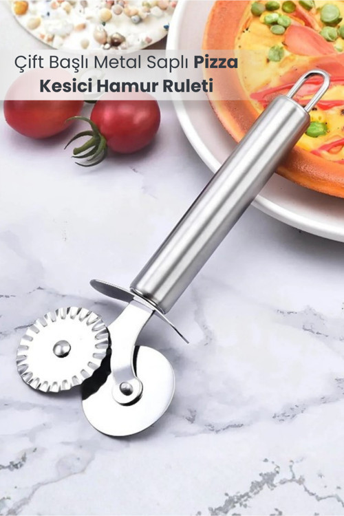 Çift Başlı Metal Saplı Pizza Kesici Hamur Ruleti