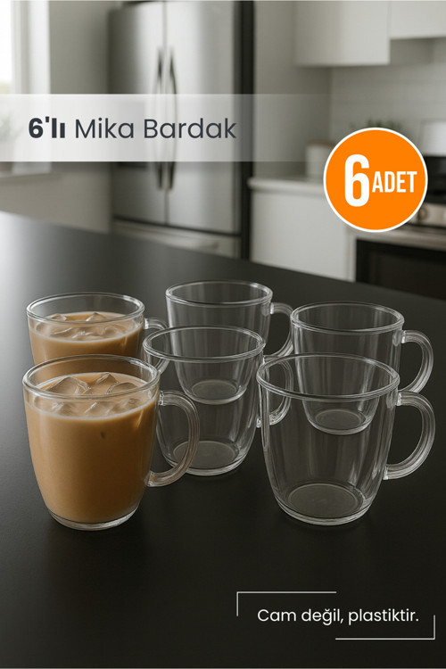 6'lı Şeffaf Mika Kulplu Bardak Seti Mika Bardak Seti