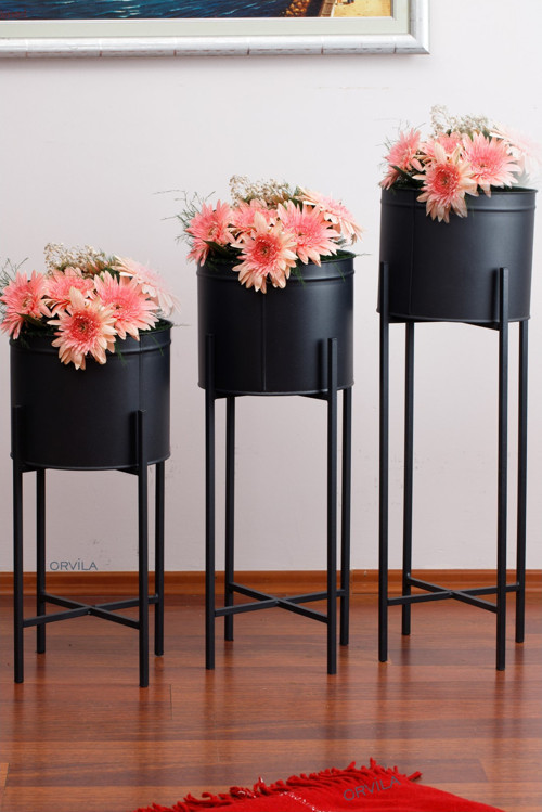 3 Boy Siyah Saksılık Dekoratif Ayaklı Metal Çiçeklik | 83cm-72cm-64cm Saksı