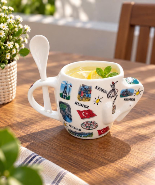 Kupa Bardak 450 ml Kemer Temalı Kaşıklı Dekoratif Hediyelik