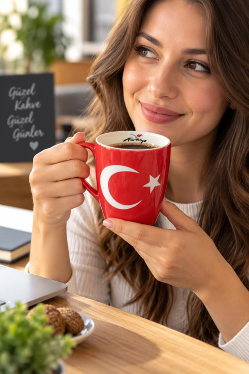 Kupa Bardak Porselen 200 ml Türk Bayrağı Desenli Çay Kahve Kupası