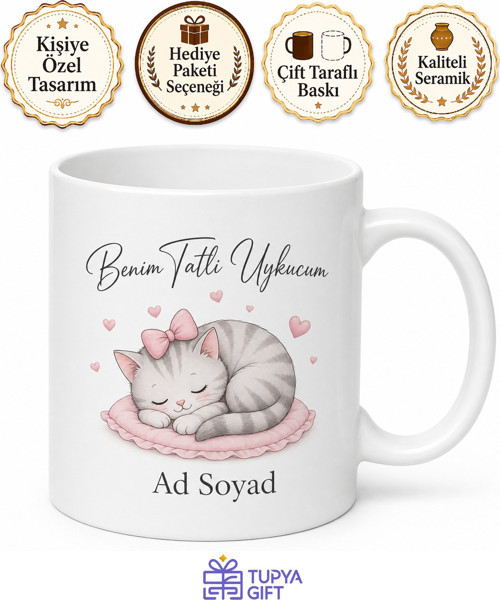 Benim Tatlı Uykucum Uyuyan Kedi Kalp Çizimli Sevgiliye Hediye Porselen Kupa Bardak