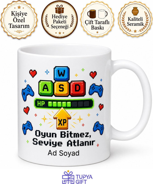 Oyuncu Gamer Klavye Tuşları Can Barı Seviye Atlayan Kupa Bardak Hediye