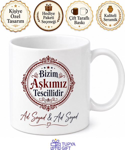 Bizim Aşkımız Tescilli Mühür Kaşe Çizimli Evlilik Nişan Hatırası İsimli Kupa Bardak Hediye