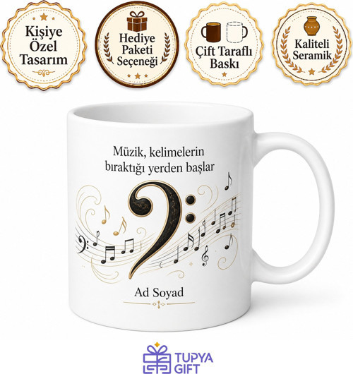 Fa Anahtarı Temalı Baskılı Kupa Bardak Müzik Hediye Porselen Mug
