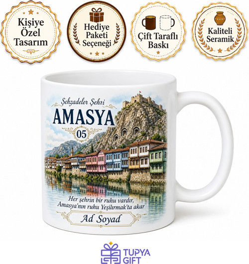 Amasya Plakalı Şehzadeler Şehri Yalıboyu Evleri Tasarımlı Kupa Bardak Hediye