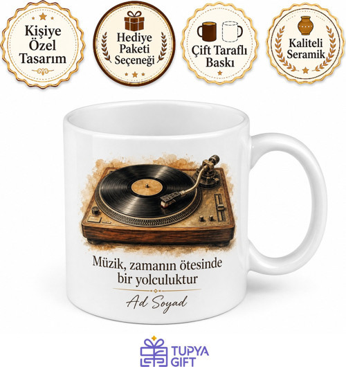 Eski Plakları Dinleyenlere Pikap ve İğne Nostalji Çay Kupası Hediye Bardak