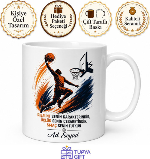 Basketbolcuya Hediye Pota Altı Ribaunt Üçlük Smaç Temalı Baskılı Kupa Bardak