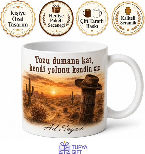 Western Filmi Vahşi Batı Düello Çöl Tozu Temalı Baskılı Porselen Kupa Bardak Hediye