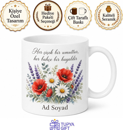 Bahçe Çiçekleri Temalı Baskılı Kupa Bardak Hediye Porselen Mug