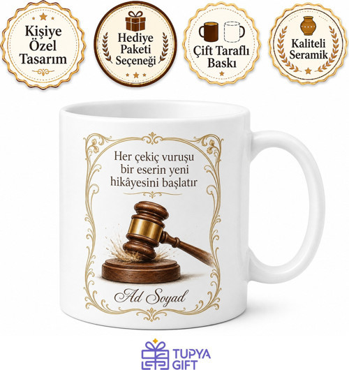 Müzayede Yöneticisine Hediye Antika Değer Çekiç Vuran Baskılı Kupa Bardak