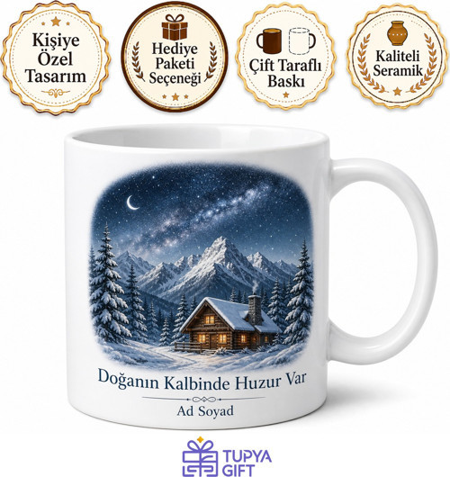 Kış Gecesi Yıldızları Altında Dağ Evi Kamp ve Doğa Kupası Hediye Bardak
