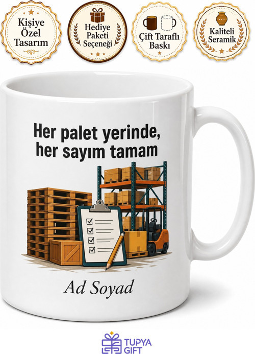 Depo Görevlisine Sayım Zamanı Palet Taşıma İstifleme Düzeni Kupa Bardak Hediye