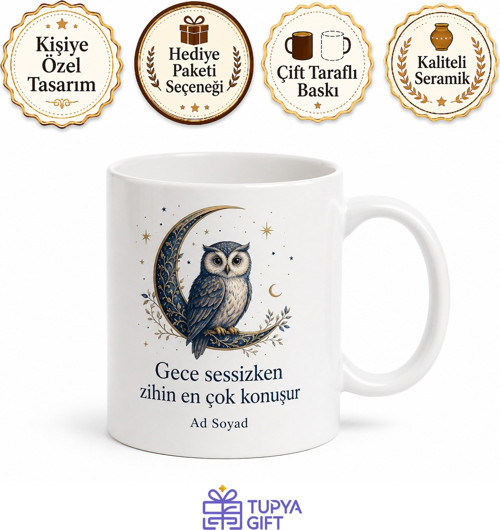 Baykuş Çizimli Gece Yarısı Kahve Kupası Gece Kuşlarına Özel Hediye Bardak