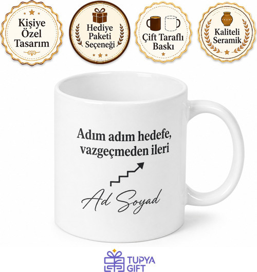 Adım Adım Hedefe Yazılı Baskılı Kupa Bardak Motivasyon Hediye