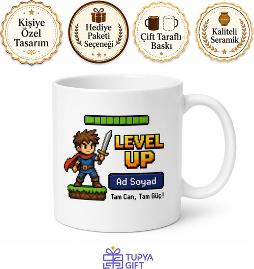 Oyun Dünyası Piksel Karakter Level Up Can Barı Tam Dolu Kupa Bardak Hediye