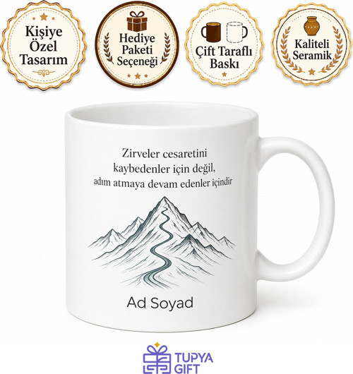 Motivasyon Sözü Ve Dağ Zirvesi Çizimli Hedef Odaklı Kupa Bardak Hediye