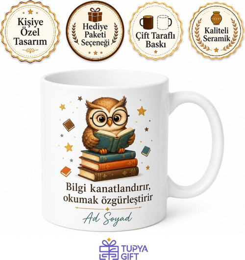 Gözlüklü Kitap Okuyan Baykuş Bilge Öğrenci Hediye Kupası Porselen Bardak