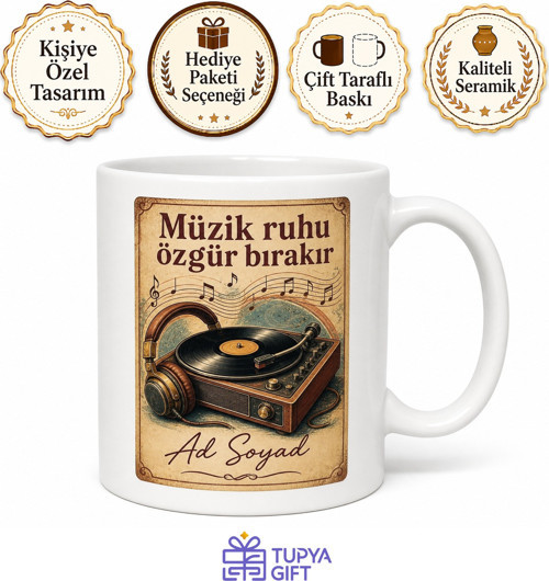 Müzik Aşığı Plak Çalar Kulaklık Retro Sesler Cızırtılı Kupa Bardak Hediye