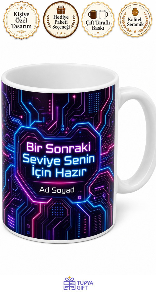 Fütüristik Neon Çizgilerle Tasarlanmış İsme Özel Oyuncu Kahve Kupası Hediye
