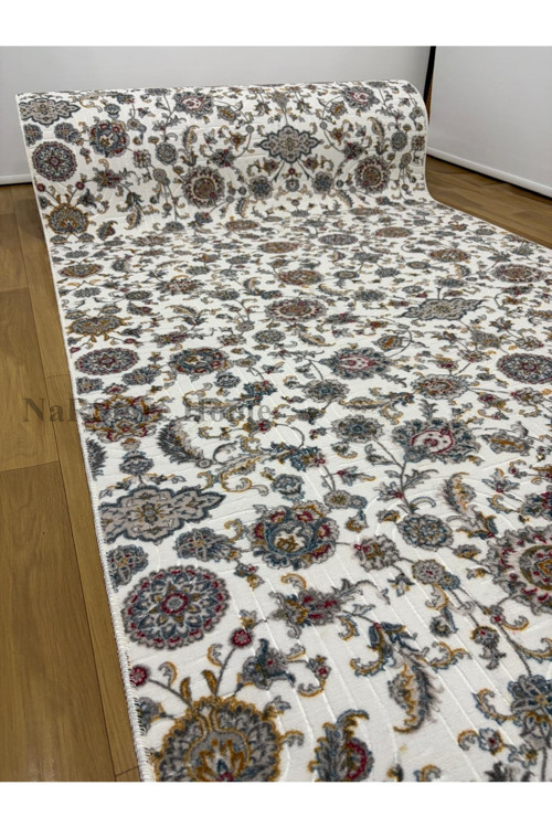 Çiçekli Otantik Desen Mavi Krem Kaymaz Taban Yıkanabilir Kesme Yolluk Halı