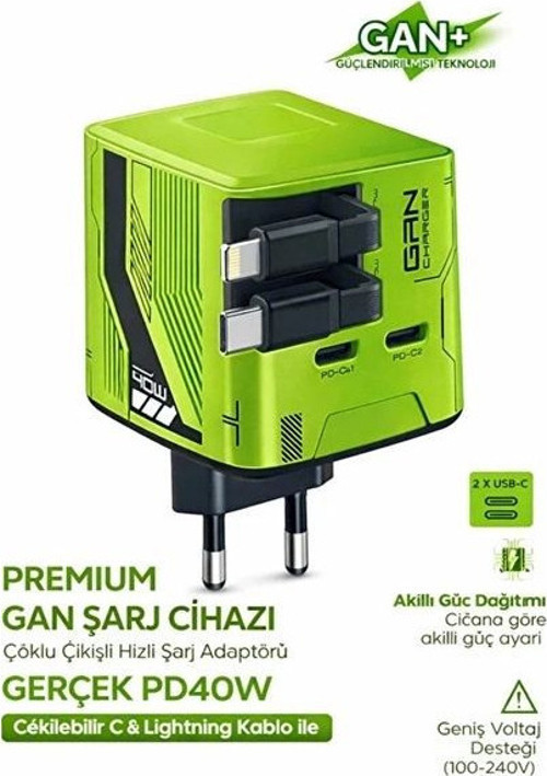Gan+ Pd 40w Hızlı Şarj Adaptörü Çoklu Çıkış Usb-c Lightning Kablolu Hızlı Şarj Cihazı Ev Ofis Uyumlu Yeşil