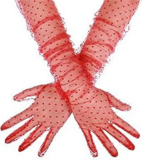 Uzun Boy Kırmızı Puantiyeli Kırmızı Renk Yetişkin Tül Eldiven 55 Cm