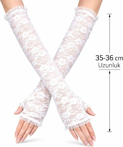 Uzun Zarif Dantel Eldiven Parmaksız Beyaz 35 Cm