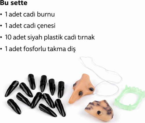 Cadı Aksesuar Seti – Burun, Çene, Fosforlu Diş Ve 10 Adet Siyah Tırnak